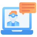 Laptop icon with person wearing headset and speech bubble, representing online customer support or video chat service