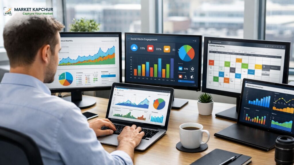 Man in blue shirt working at desk with laptop and multiple monitors displaying marketing analytics dashboards and charts