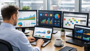 Man in blue shirt working at desk with laptop and multiple monitors displaying marketing analytics dashboards and charts