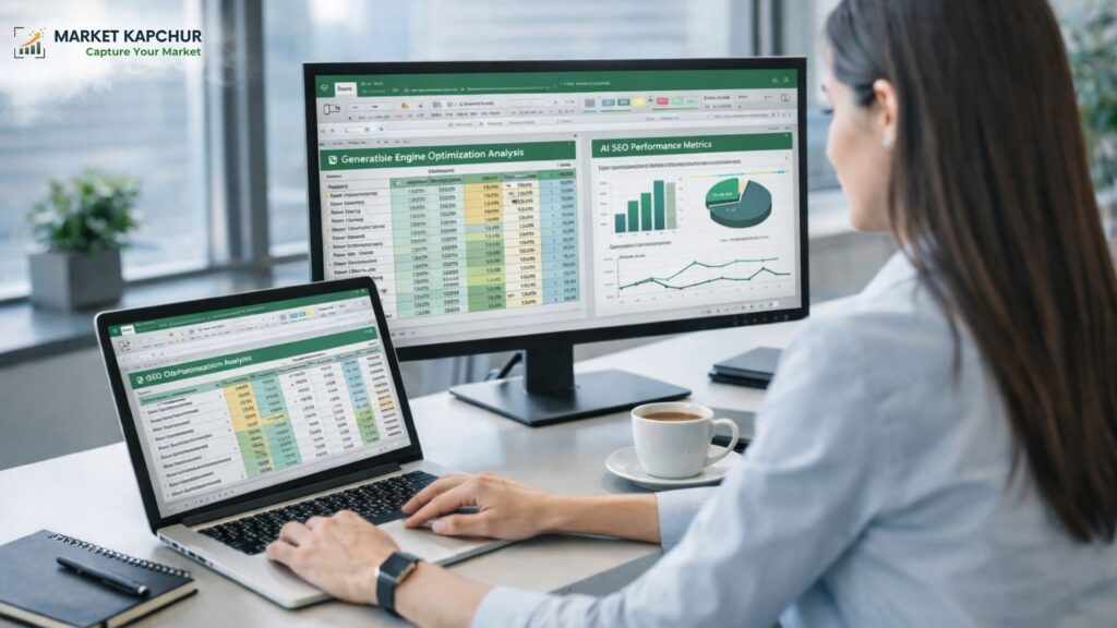 Woman at desk analyzing SEO data on laptop and monitor displaying Generative Engine Optimization Analysis and AI SEO Performa