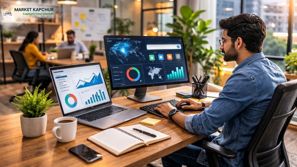 Man in glasses working at desk with dual monitors displaying analytics dashboards, charts and graphs in modern office setting